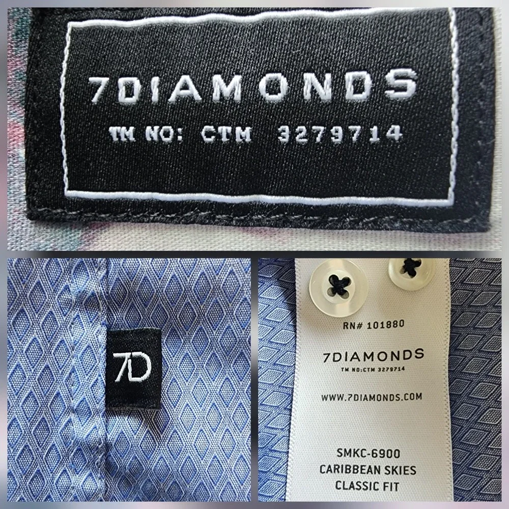 7 Diamonds‎ Button Down Dress Shirt L Caribbean Skies Classic Fit Euro Chic